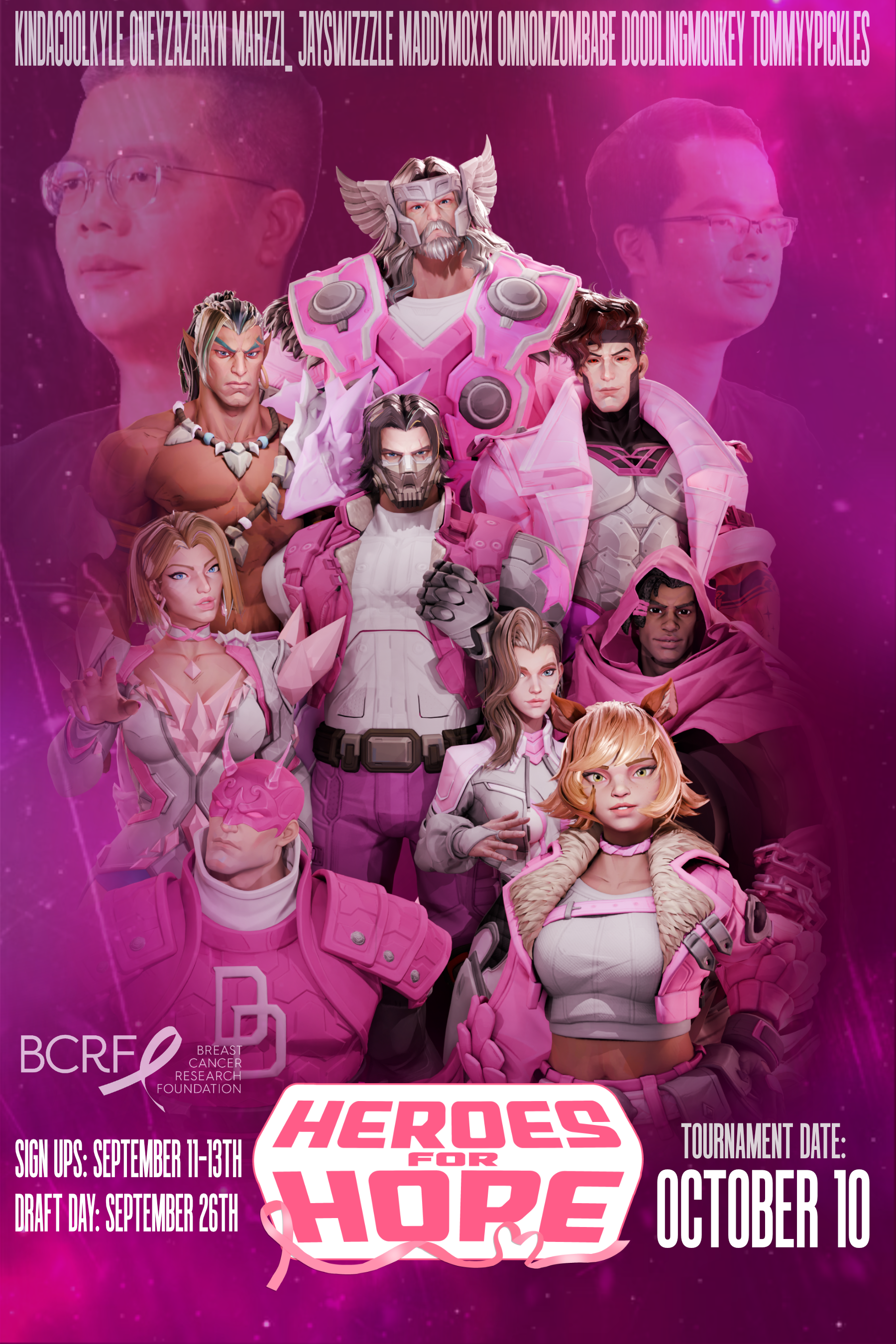 The official Heroes for Hope 2 poster. It lists signups on 11 to 13 September, draft day on 26 September, and the tournament on 10 October, with all eight captains named across the top.